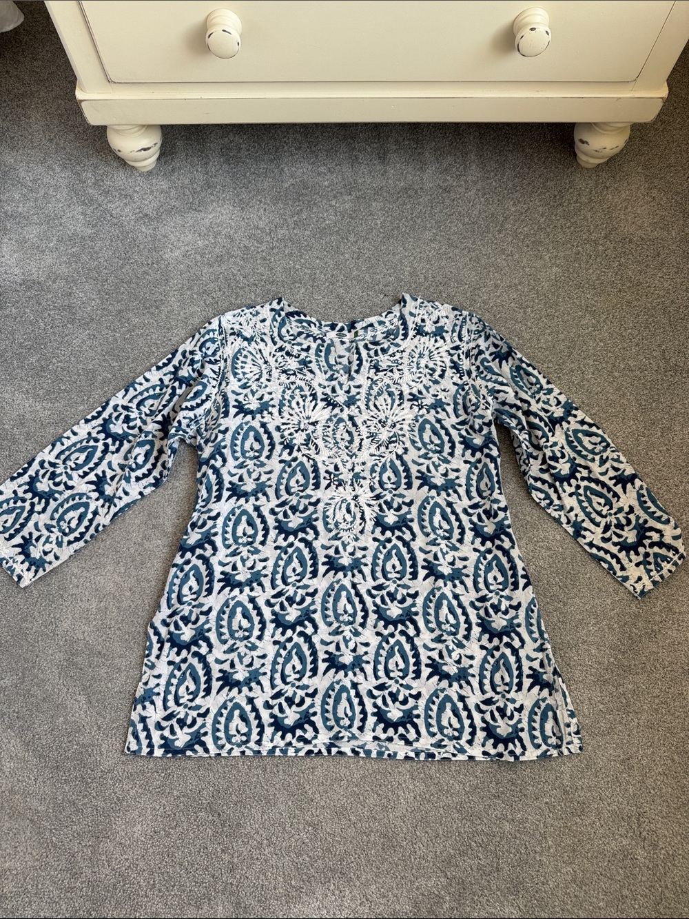 Blue & White Printed Tunic Top with 3/4 Sleeves